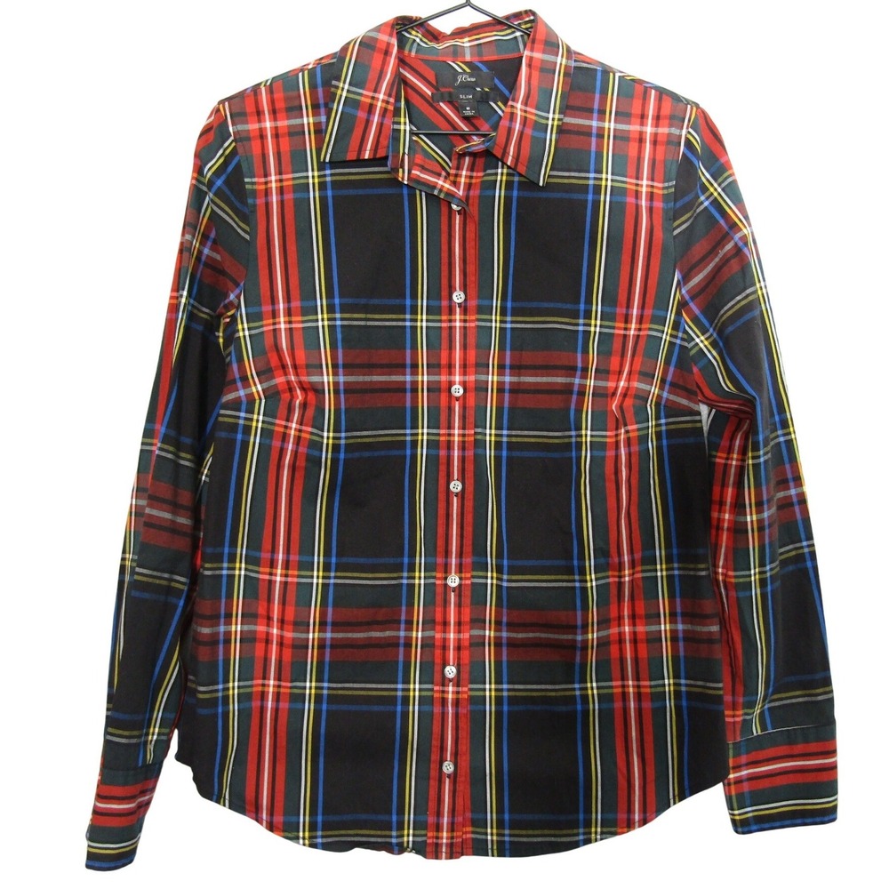 J.Crew Button‎ Down Shirt Womens 8 Black Red Plaid Excellent Slim Fit Stretch